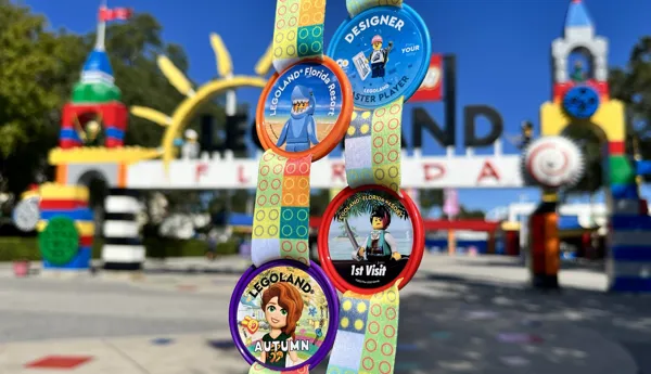 Pop Badges on Lanyard in front of LEGOLAND Florida